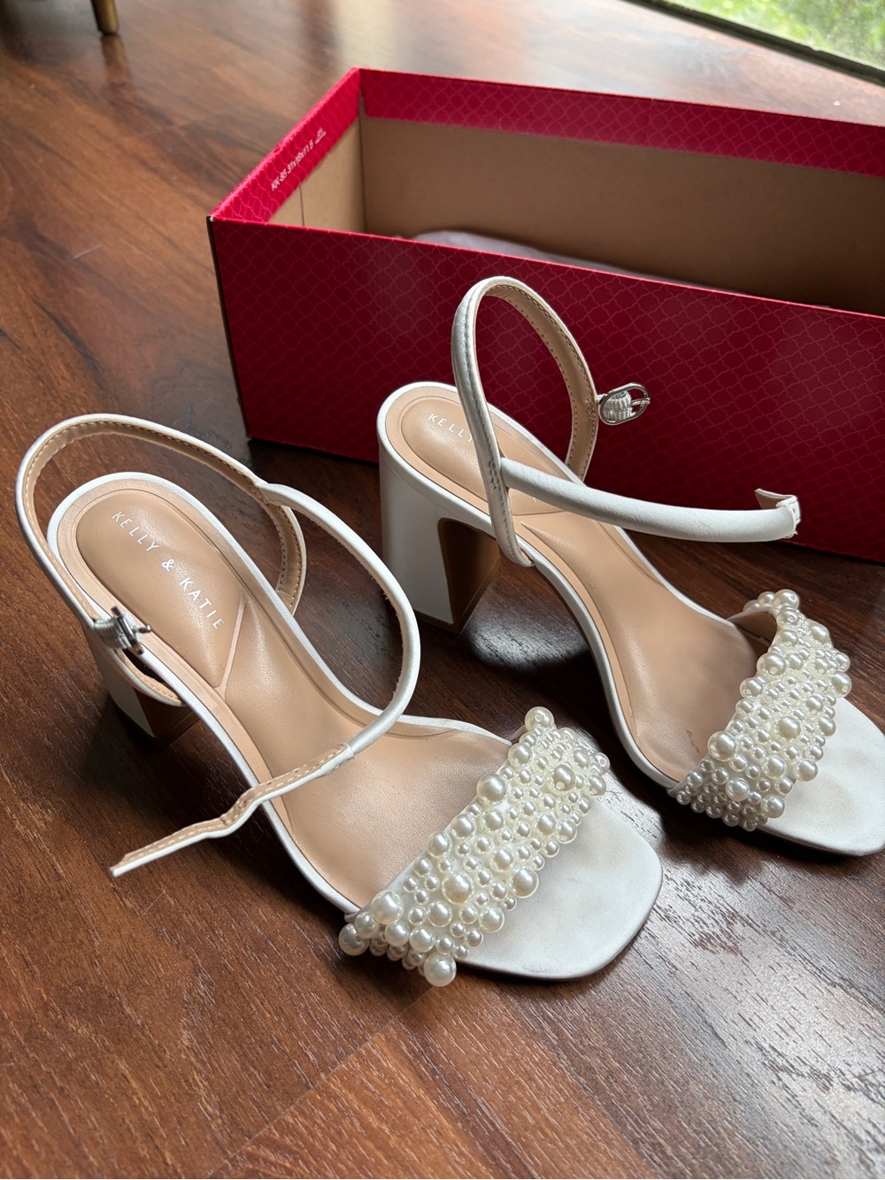Kelly & Katie Ivory Pearl-Embellished Block Heel Sandals
